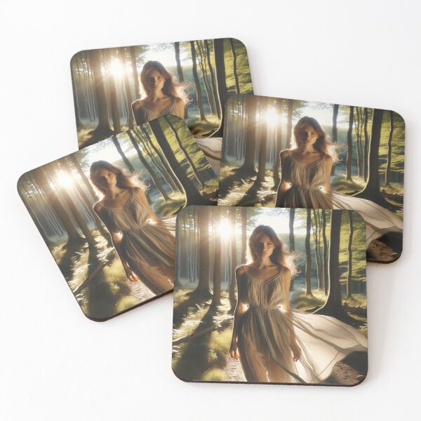 Item preview, Woman in a flowing dress, standing in a sunlit forest clearing designed and sold by AndreaMart.
