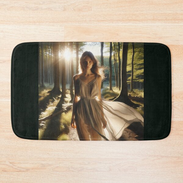 Item preview, Woman in a flowing dress, standing in a sunlit forest clearing designed and sold by AndreaMart.