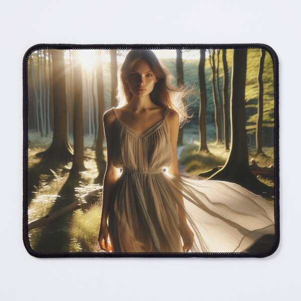 Item preview, Woman in a flowing dress, standing in a sunlit forest clearing designed and sold by AndreaMart.