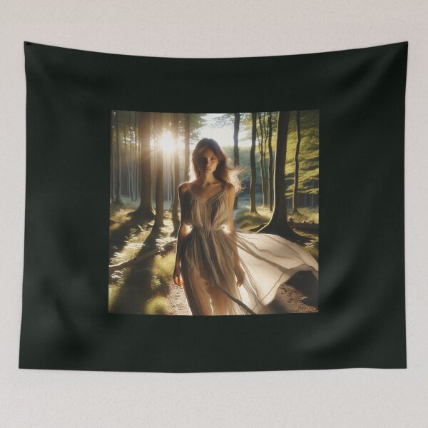 Item preview, Woman in a flowing dress, standing in a sunlit forest clearing designed and sold by AndreaMart.