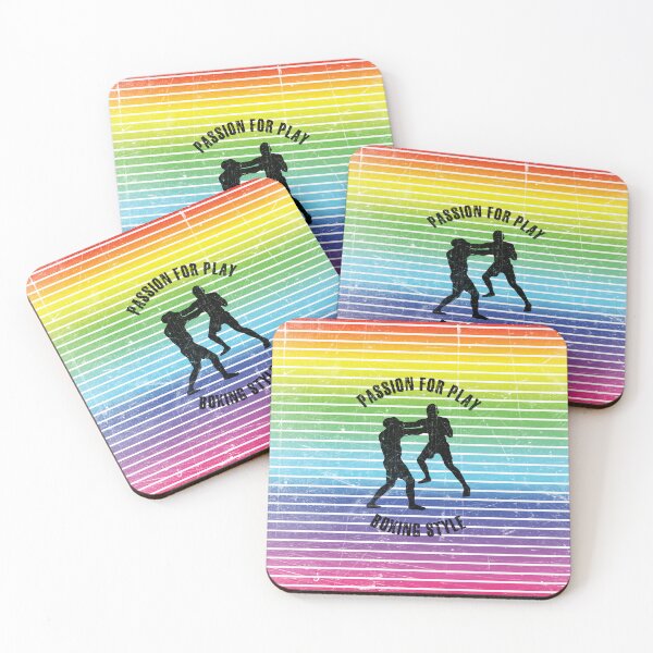 Item preview, Black silhouettes of two men training boxing against the background of rainbow stripes designed and sold by HarridanCreates.