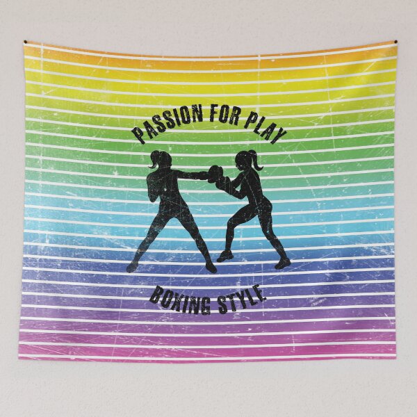 Item preview, Black silhouettes of women training boxing against the background of rainbow stripes designed and sold by HarridanCreates.