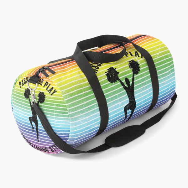 Item preview, Black silhouette of a female cheerleader with pompoms against the background of rainbow stripes designed and sold by HarridanCreates.