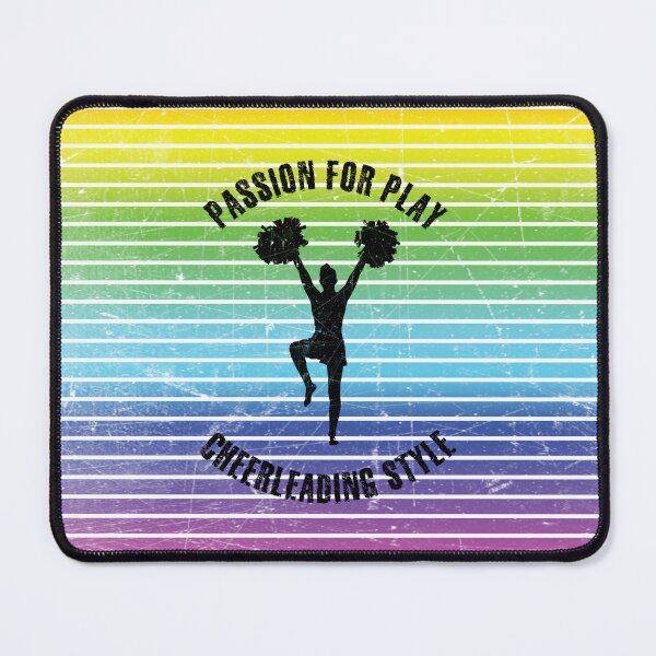 Item preview, Black silhouette of a female cheerleader with pompoms against the background of rainbow stripes designed and sold by HarridanCreates.