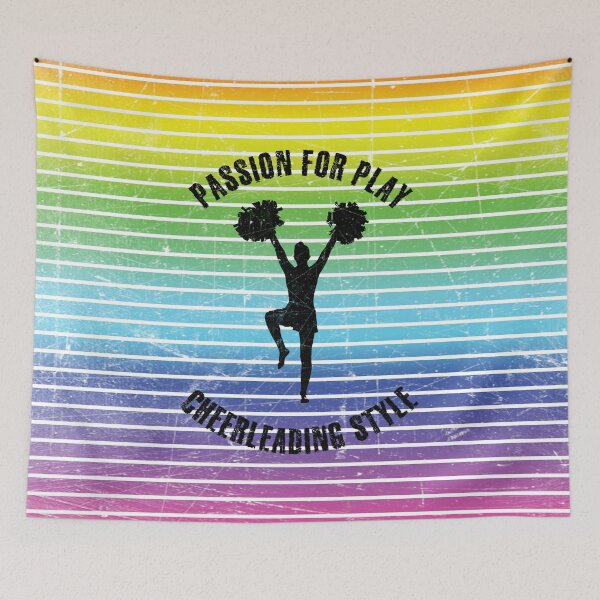 Item preview, Black silhouette of a female cheerleader with pompoms against the background of rainbow stripes designed and sold by HarridanCreates.