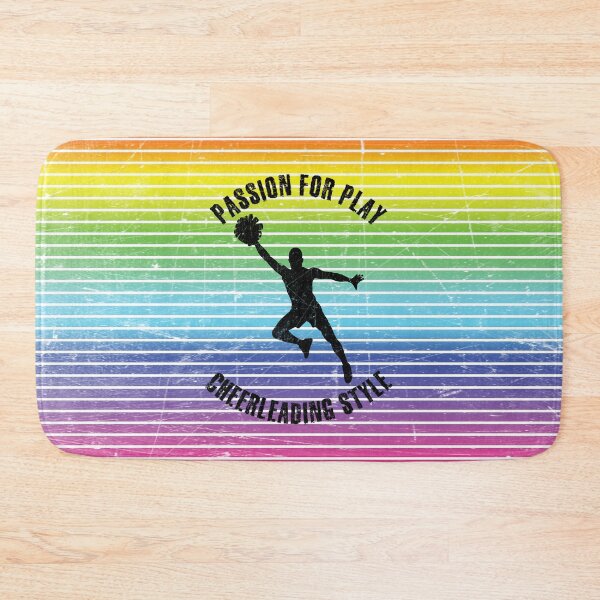 Item preview, Black silhouette of a male cheerleader with pompoms against the background of rainbow stripes designed and sold by HarridanCreates.
