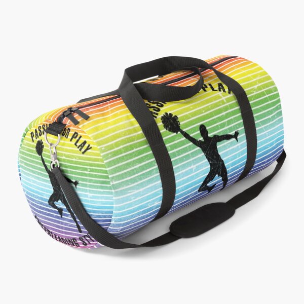 Item preview, Black silhouette of a male cheerleader with pompoms against the background of rainbow stripes designed and sold by HarridanCreates.