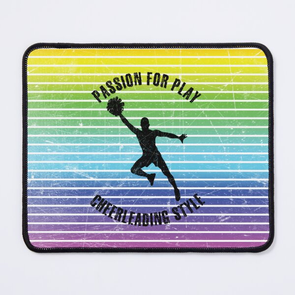 Item preview, Black silhouette of a male cheerleader with pompoms against the background of rainbow stripes designed and sold by HarridanCreates.