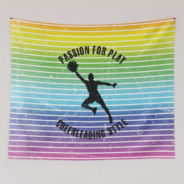 Item preview, Black silhouette of a male cheerleader with pompoms against the background of rainbow stripes designed and sold by HarridanCreates.