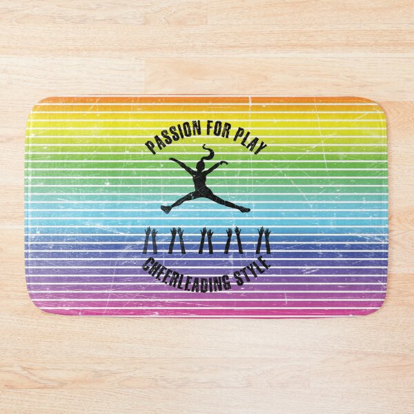 Item preview, Black silhouette of a cheerleader with hands of team against the background of rainbow stripes designed and sold by HarridanCreates.