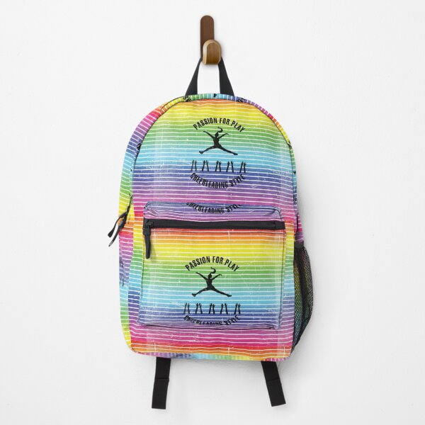 Item preview, Black silhouette of a cheerleader with hands of team against the background of rainbow stripes designed and sold by HarridanCreates.