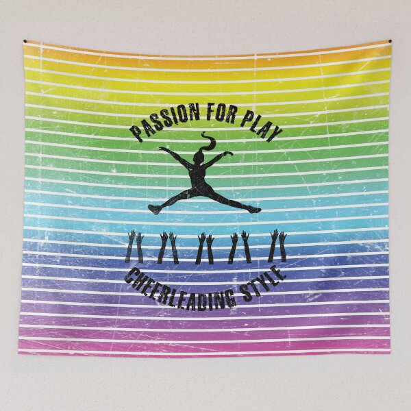 Item preview, Black silhouette of a cheerleader with hands of team against the background of rainbow stripes designed and sold by HarridanCreates.