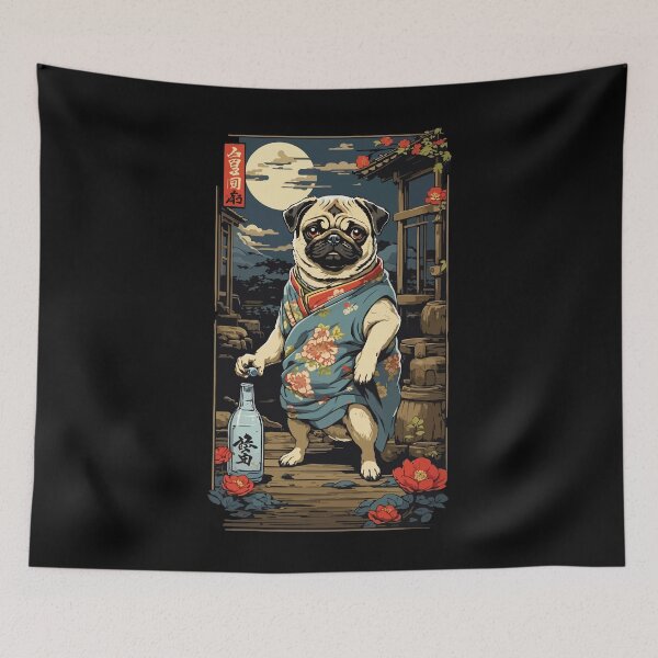 Item preview, Funny Pug Dog Vintage Japan Sake Art Design designed and sold by LuminOrb.