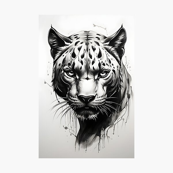 Item preview, menacing leopard Drawing scketch tattoo style Watercolor black and white shades of gray Print Art for T-shirt hoodie scketch designed and sold by naivnoia.