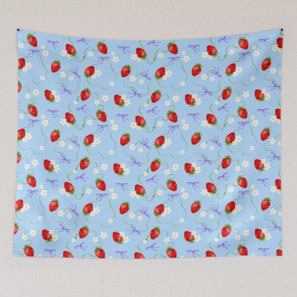 Item preview, Juicy strawberry pattern on blue background - watercolour drawing designed and sold by ChateauMargot.