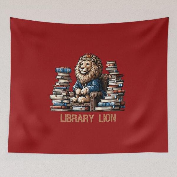 Artikelvorschau, Majestic lion in a crown sitting in an armchair with books next to him entworfen und verkauft von Irbisinthebox.