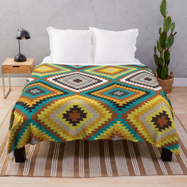 Artikelvorschau, Moderner Kelim – Gelb, Blaugrün und Braun – Geometrisches Muster von Cecca Designs entworfen und verkauft von Cecca-Designs.
