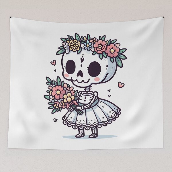 Item preview, Kawaii Silly Skeleton With Flower Crown And Dress Holding A Bouquet Of Flowers designed and sold by CanvasCutie.
