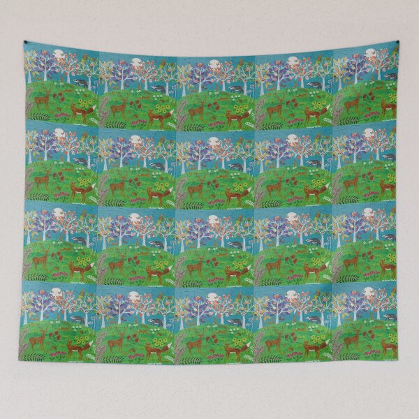 Item preview, A Fox, Stag, Hares, Hedgehogs and a Badger among flowers and Trees designed and sold by Casimirasart.
