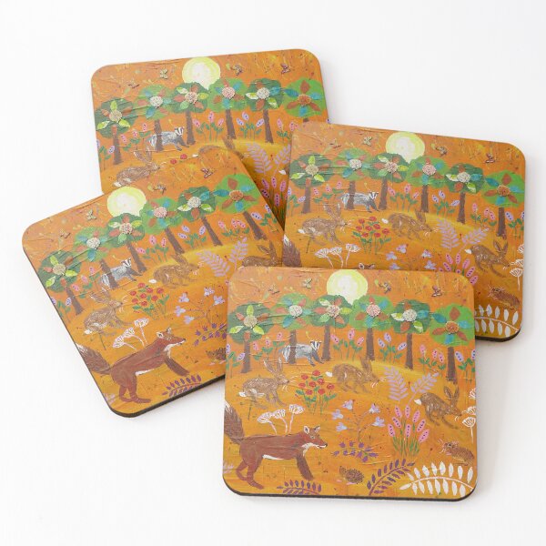 Item preview, Fox looking at a Hedgehog and Hares and Badger among Trees at Sunset designed and sold by Casimirasart.