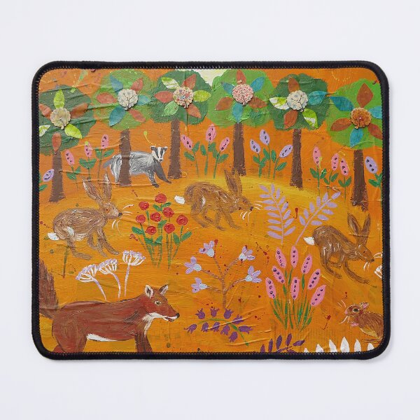 Item preview, Fox looking at a Hedgehog and Hares and Badger among Trees at Sunset designed and sold by Casimirasart.