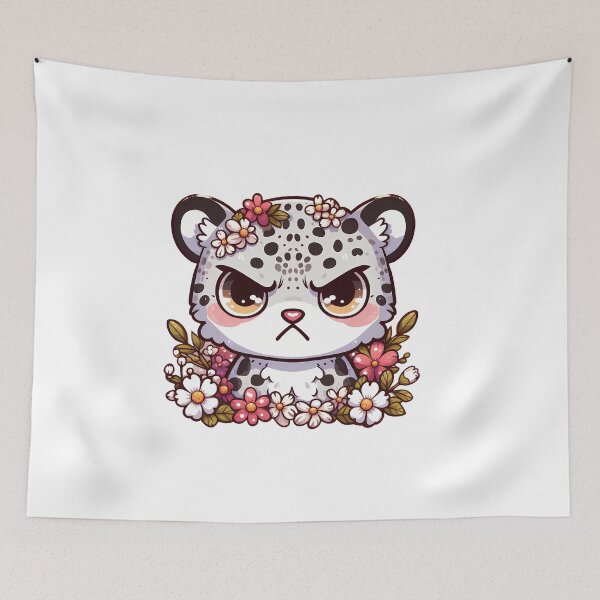 Item preview, Kawaii Angry Snow Leopard in flowers designed and sold by Irbisinthebox.