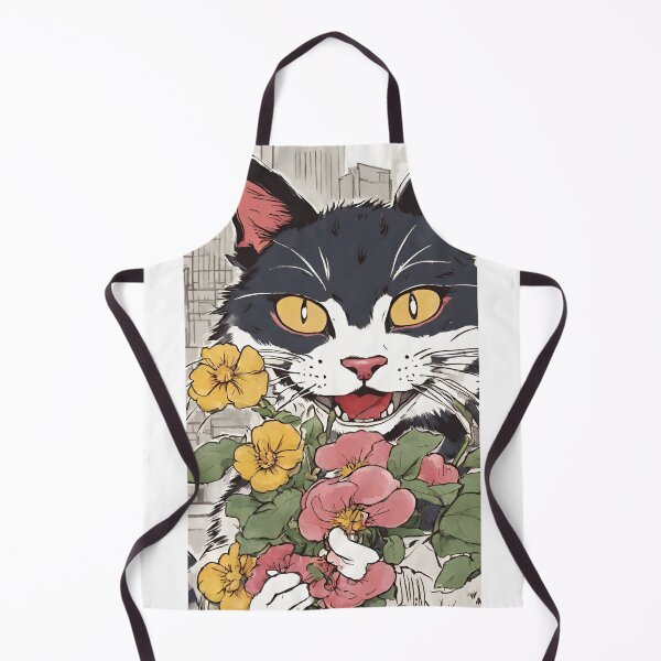 Aperçu de l'œuvre Chat japonais souriant, le guerrier samouraï catana avec des fleurs créée et vendue par Catana lover.