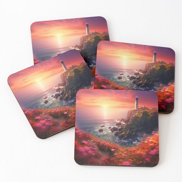 Item preview, Crimson Sunset Cliffs: Lighthouse Amidst Blooms designed and sold by smartart42.