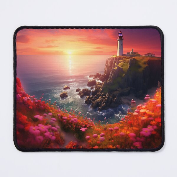 Item preview, Crimson Sunset Cliffs: Lighthouse Amidst Blooms designed and sold by Smart Art 42.