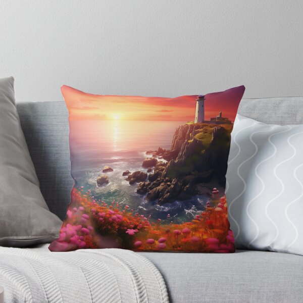 Item preview, Crimson Sunset Cliffs: Lighthouse Amidst Blooms designed and sold by smartart42.