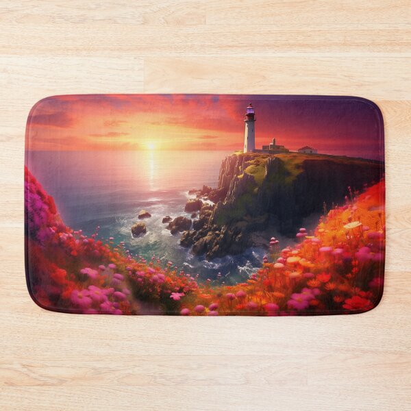 Item preview, Crimson Sunset Cliffs: Lighthouse Amidst Blooms designed and sold by Smart Art 42.