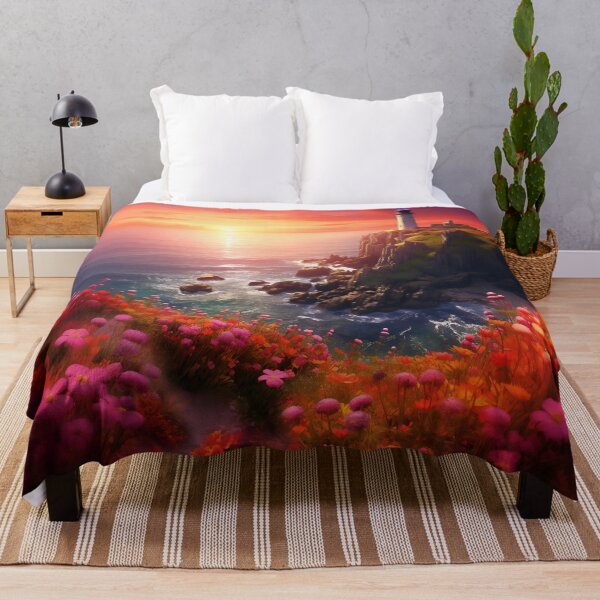 Item preview, Crimson Sunset Cliffs: Lighthouse Amidst Blooms designed and sold by smartart42.