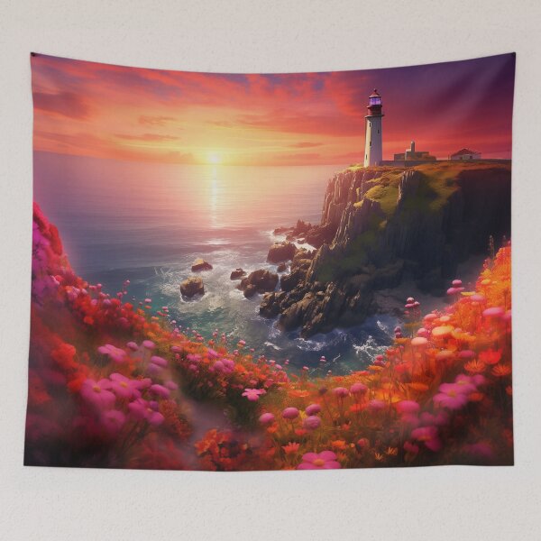 Item preview, Crimson Sunset Cliffs: Lighthouse Amidst Blooms designed and sold by Smart Art 42.
