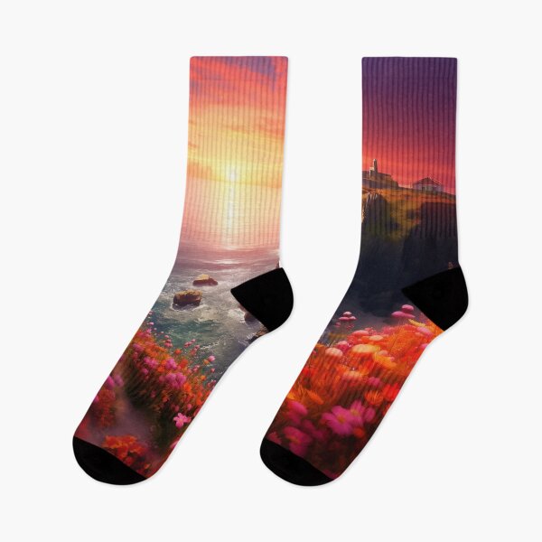 Item preview, Crimson Sunset Cliffs: Lighthouse Amidst Blooms designed and sold by smartart42.