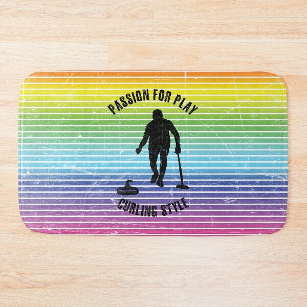 Item preview, Black silhouette of male curling player against the background of rainbow stripes designed and sold by HarridanCreates.