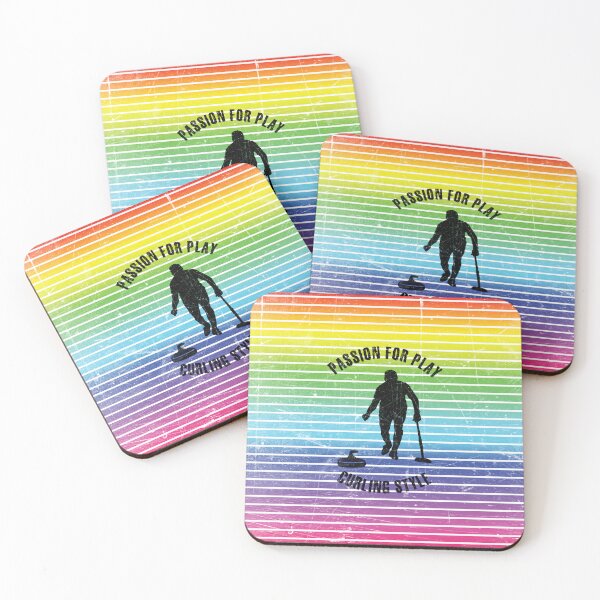 Item preview, Black silhouette of male curling player against the background of rainbow stripes designed and sold by HarridanCreates.