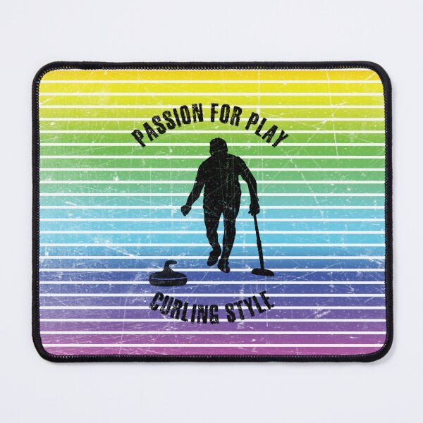 Item preview, Black silhouette of male curling player against the background of rainbow stripes designed and sold by HarridanCreates.