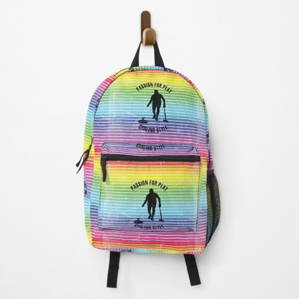 Item preview, Black silhouette of male curling player against the background of rainbow stripes designed and sold by HarridanCreates.