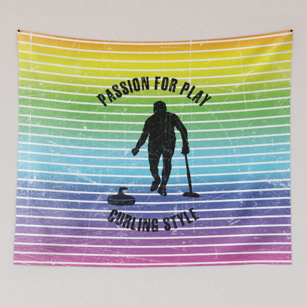 Item preview, Black silhouette of male curling player against the background of rainbow stripes designed and sold by HarridanCreates.