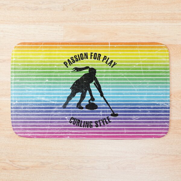 Item preview, Black silhouette of female curling player against the background of rainbow stripes designed and sold by HarridanCreates.