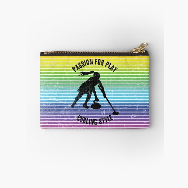 Item preview, Black silhouette of female curling player against the background of rainbow stripes designed and sold by HarridanCreates.