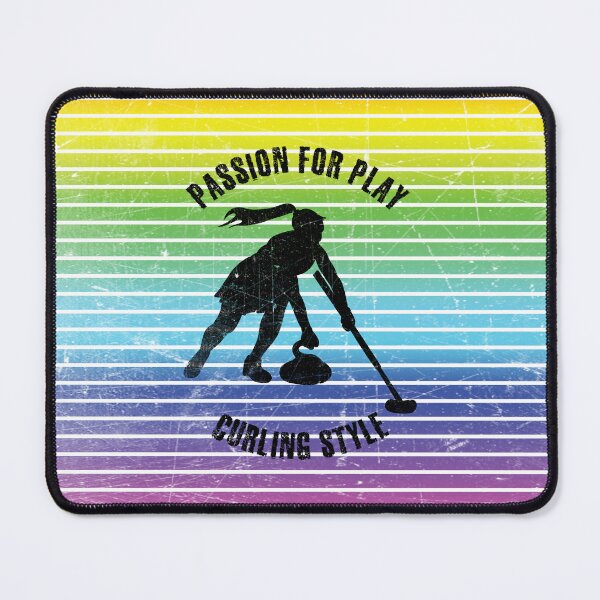 Item preview, Black silhouette of female curling player against the background of rainbow stripes designed and sold by HarridanCreates.