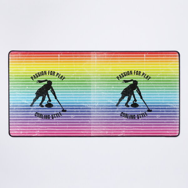 Item preview, Black silhouette of female curling player against the background of rainbow stripes designed and sold by HarridanCreates.
