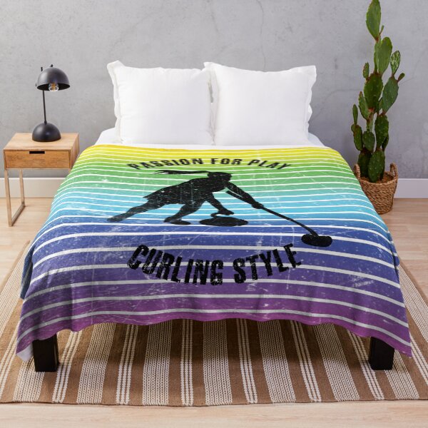 Item preview, Black silhouette of female curling player against the background of rainbow stripes designed and sold by HarridanCreates.