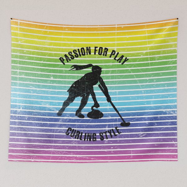 Item preview, Black silhouette of female curling player against the background of rainbow stripes designed and sold by HarridanCreates.