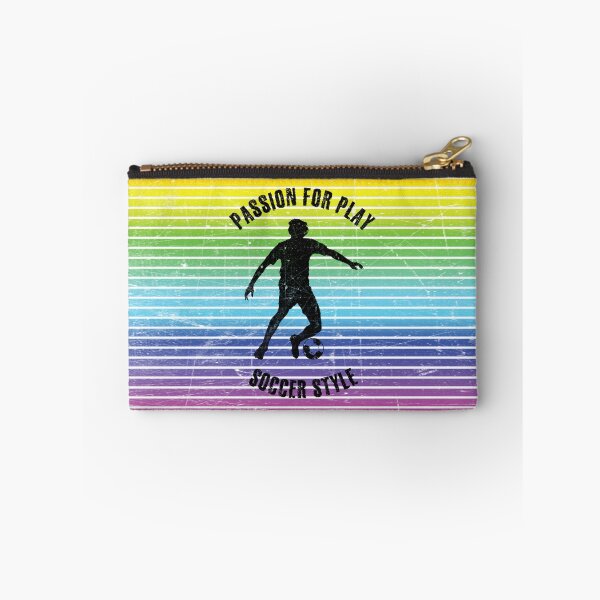 Item preview, Black silhouette of a man training soccer against the background of rainbow stripes designed and sold by HarridanCreates.