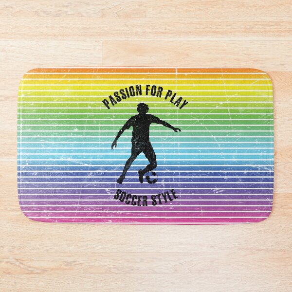 Item preview, Black silhouette of a man training soccer against the background of rainbow stripes designed and sold by HarridanCreates.