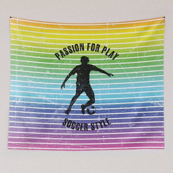 Item preview, Black silhouette of a man training soccer against the background of rainbow stripes designed and sold by HarridanCreates.