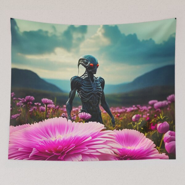 Item preview, Alien In Fields With Big Pink Glowing Flowers designed and sold by SassyArtistry.