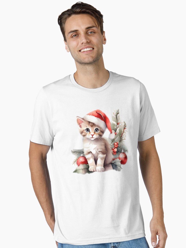 Funny Christmas Cat in Santa Hat with Ornaments Essential T-Shirt